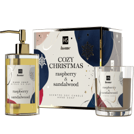 Cozy Christmas Gift Box Candle 150 ml  & Hand Soap Raspberry & Sandalwood 250 ml