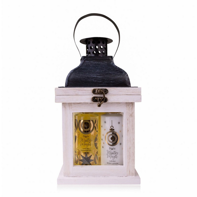 Γιορτινό Bath set σε ξύλινο φαναράκι με αφρόλουτρο 100ml, 20γρ σφουγγάρι & λοσιόν σώματος 100ml