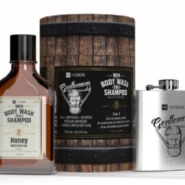 HiSkin Men’s 3-in-1 Body Wash, Hair & Beard Shampoo + Metal Hip Flask